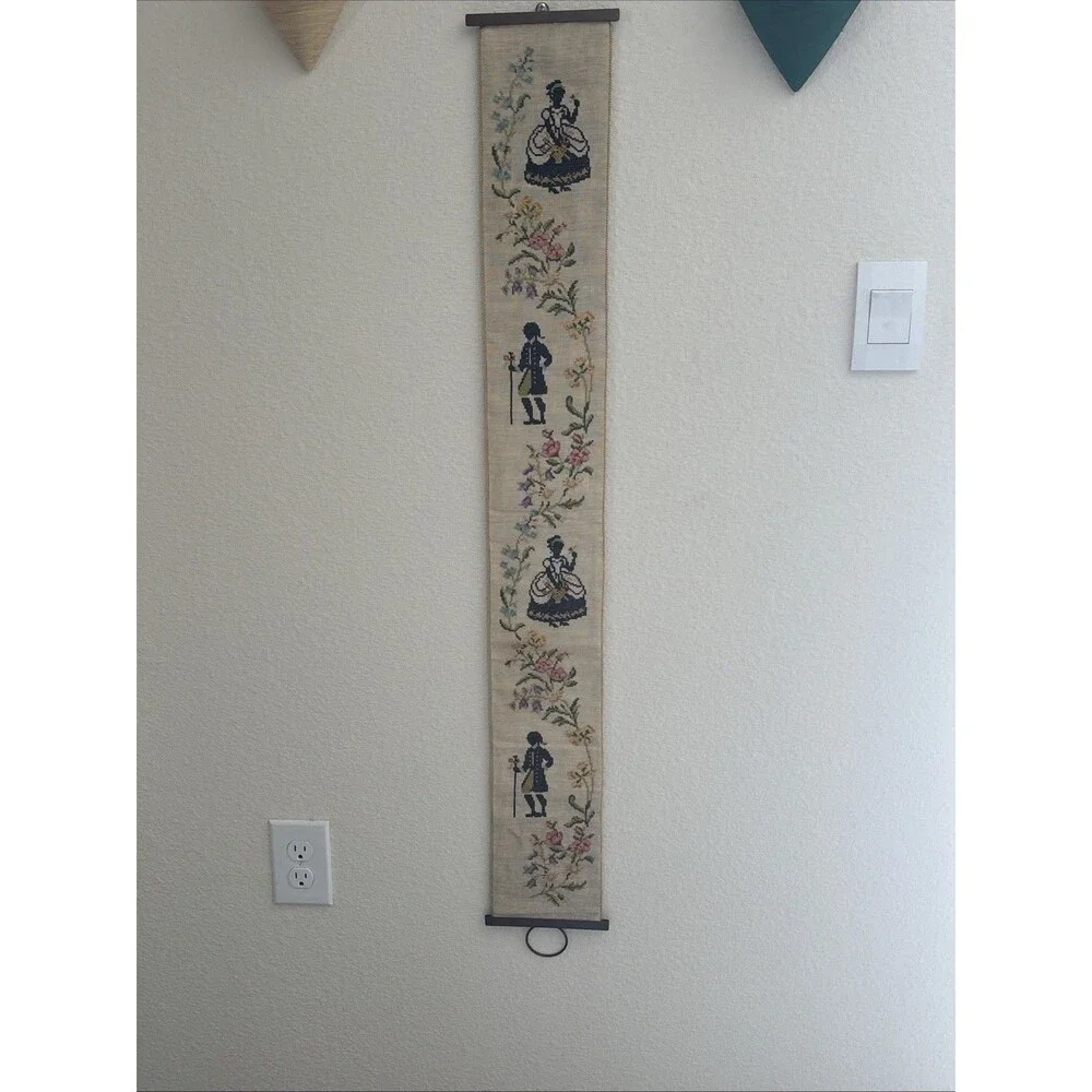 VTG Bell Pull Cross-Stitch Needlepoint Fabric Victorian Colonial Floral Couples